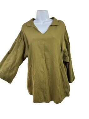 Focus Casual Life Olive Green Tunic Top 3/4 Sleeves Women Medium Lagenlook Artsy